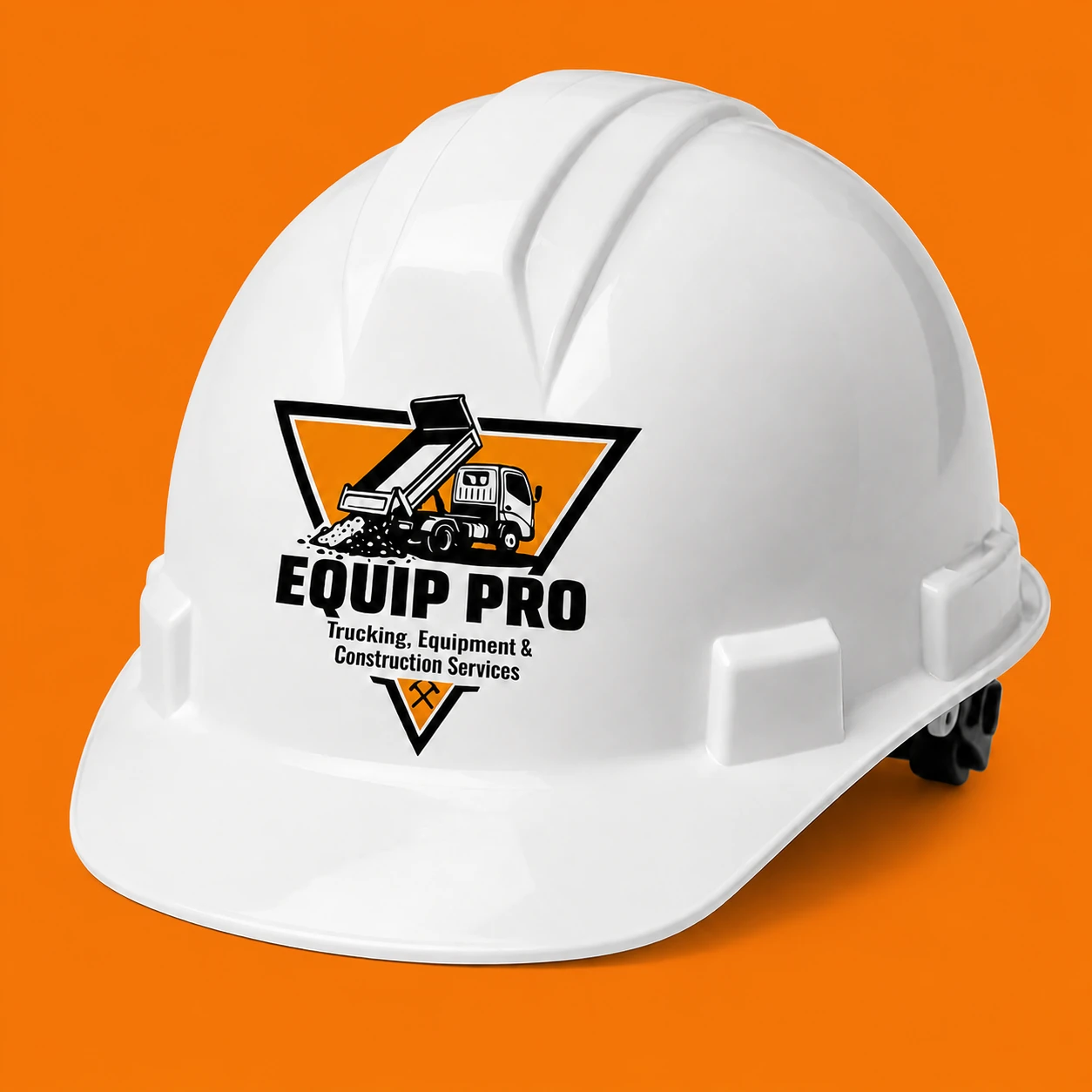 White hard hat featuring the Equip Pro logo